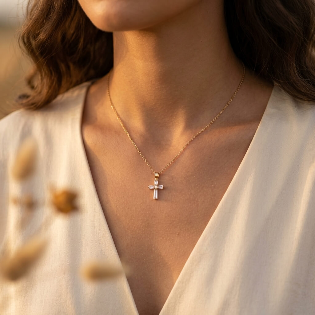 Baguette Cut CZ Cross Necklaces