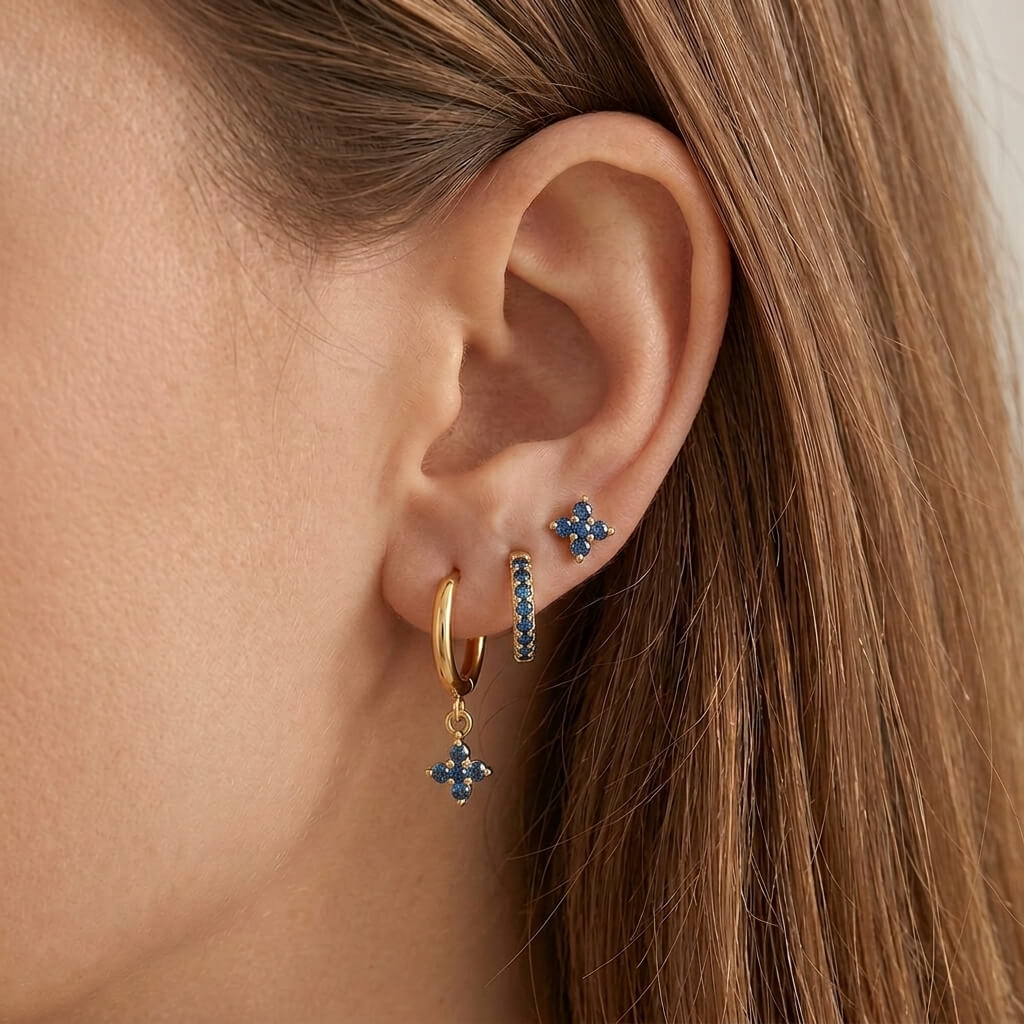 Clover Earrings‑Gold‑Blue 3 Pieces