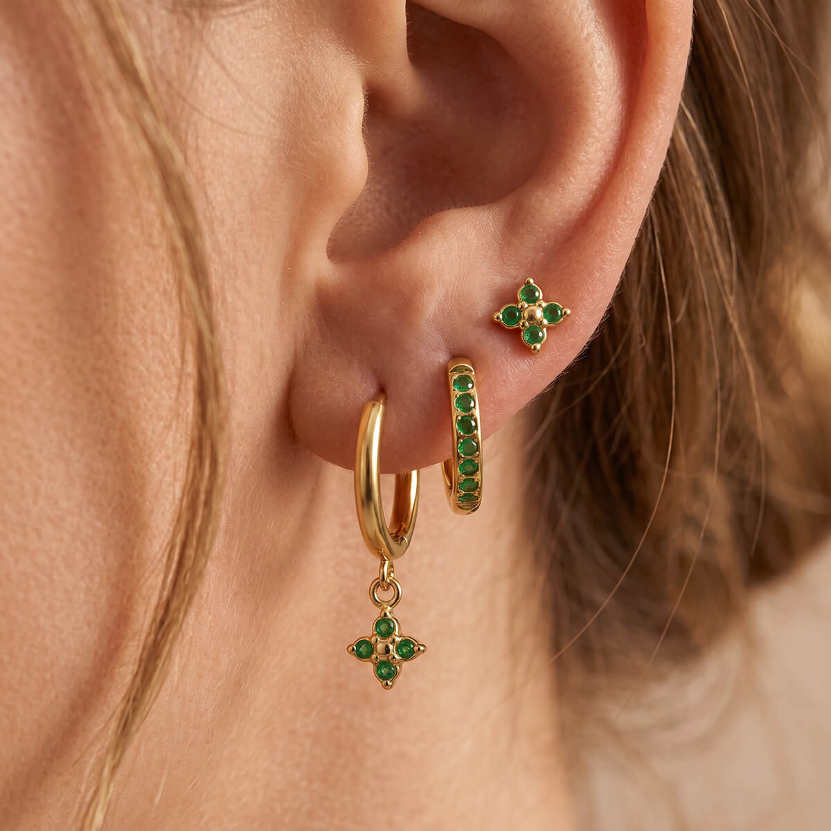 Clover Earrings‑Gold‑Green 3 Pieces