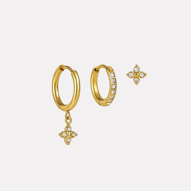 Clover Earrings‑Gold‑Clear 3 Pieces