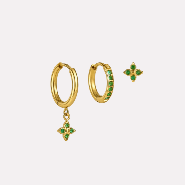Clover Earrings‑Gold‑Green 3 Pieces